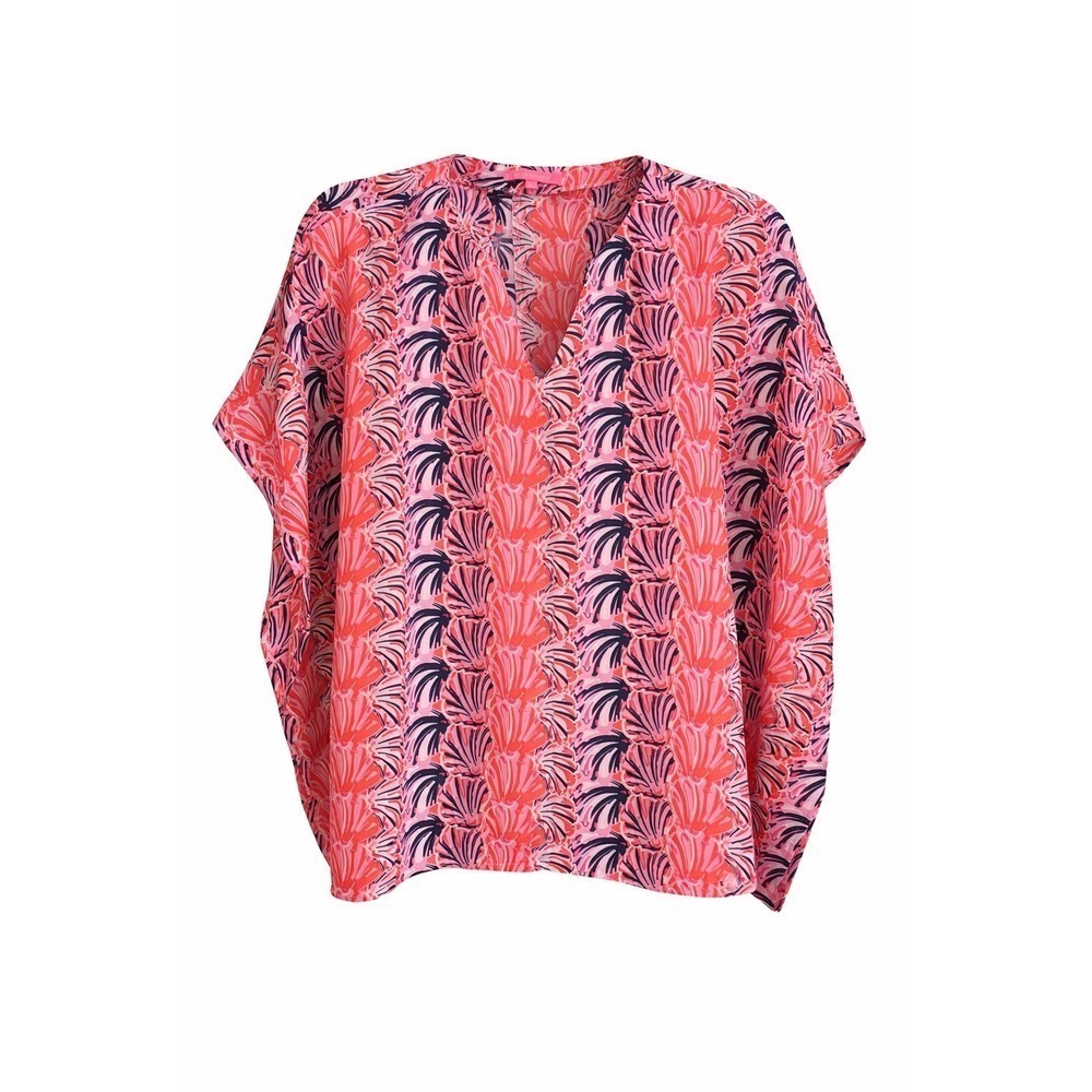 Simply Southern Seashell Kaftan Top Large Pink Navy Resort Coastal Poncho